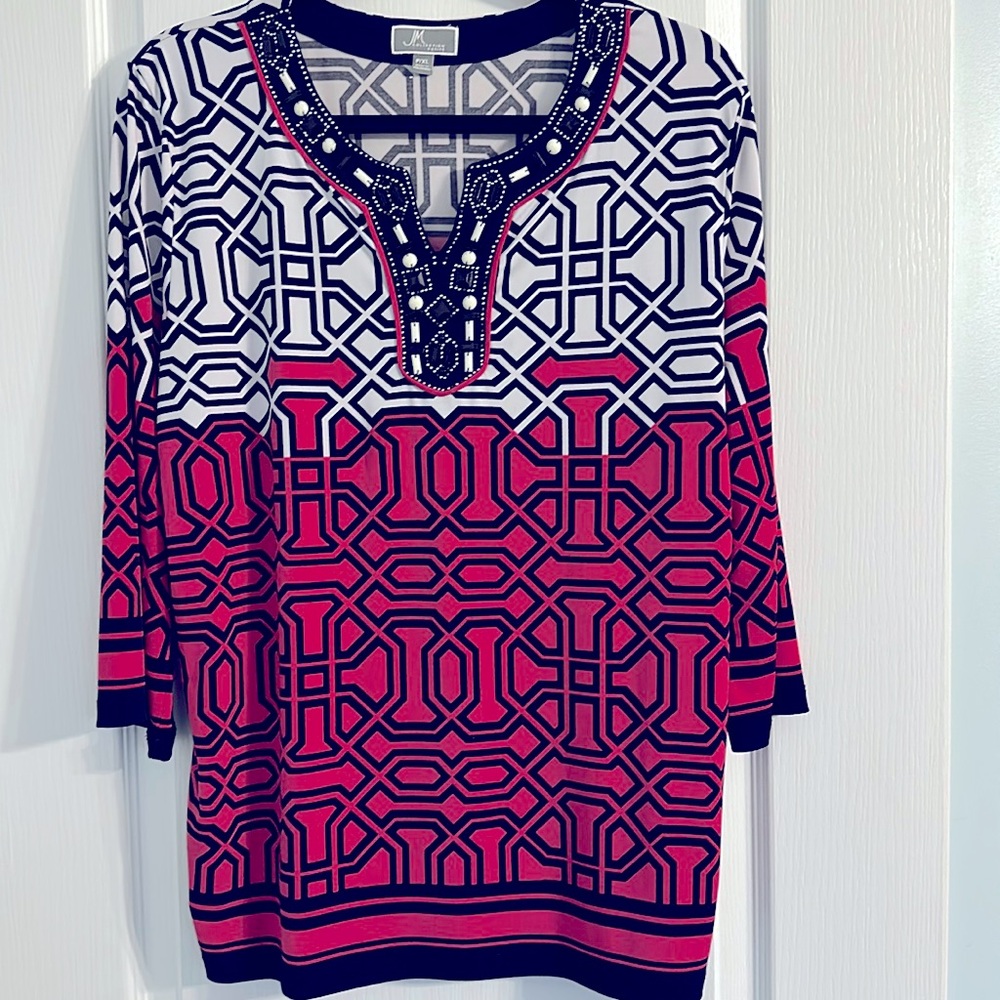 JM Collection Petite XL Pink, Black, and White Geometric design with beaded neck